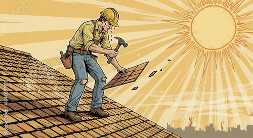Roofer Working Hard Repairing Roof Under a Radiant Sun Illustration