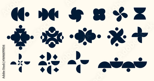 Abstract geometric symbols set, designed in neo geo and brutalist styles with minimal and symmetrical shapes, ideal for modern branding, editorial design, web graphics, poster art. Vector illustration