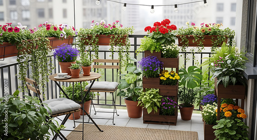 Charming balcony garden oasis with vertical planters and colorful blooms