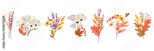 Autumn Wildflower Bouquets Collection on White Background. Autumn bouquets with wildflowers, leaves, berries, and herbs in flat vector style, for seasonal designs, invitations, packaging,digital decor