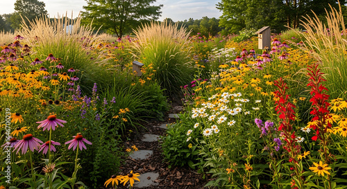 Vibrant perennial flower garden path