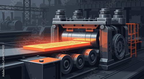 Stylized depiction of industrial steel production using heavy machinery