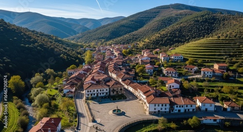 Sun-Kissed Village with Terracotta Roofs Amidst Lush Terraced Mountain Slopes
