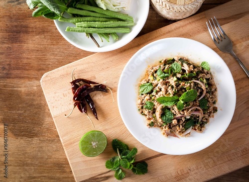 larb Pork Laos food Larb, Spicy minced pork salad