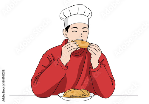 A smiling Asian chef enjoys a festive pastry. Bright colors and a simple composition create a delightful food image. Perfect for culinary or holiday themes.