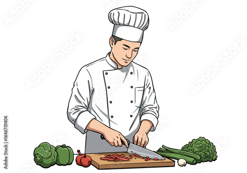 professional chef meticulously chops vegetables on a cutting board Crisp clean illustration style Focus on precision and detail Suitable for culinary food and lifestyle themes