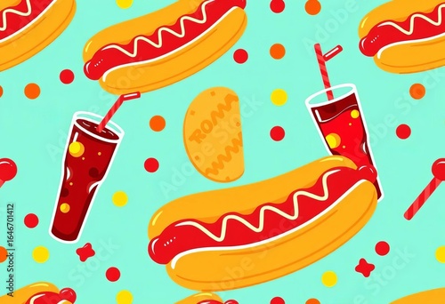 Vibrant seamless pattern featuring hot dogs & soda pops  Retro fast food vector background, vector illustration, texture