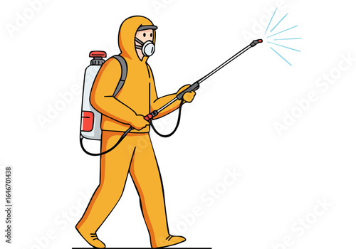 A professional sprays insecticide with a backpack sprayer. Clear action shot, bright colors, safety equipment. Suitable for health, agriculture, and industrial themes.