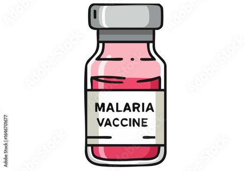 A stylized illustration of a malaria vaccine vial with 'Health Research Hope' text. Clean, modern design with a bright pink background. Suitable for health, science, and pharmaceutical marketing.