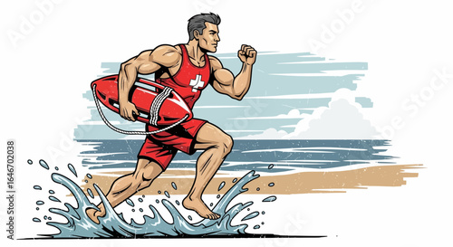 Vigilant lifeguard rushing to the rescue on a sandy beach, vibrant illustration