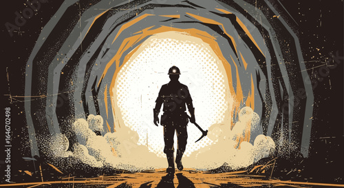 Vintage Style Illustration of a Miner Emerging from a Cave Tunnel