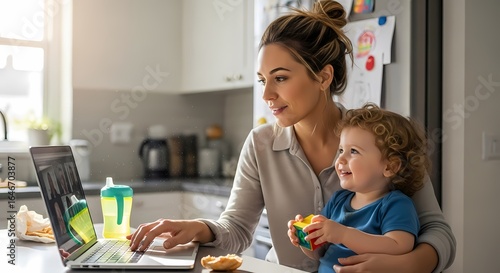 Working mom managing tasks from home with her child nearby
