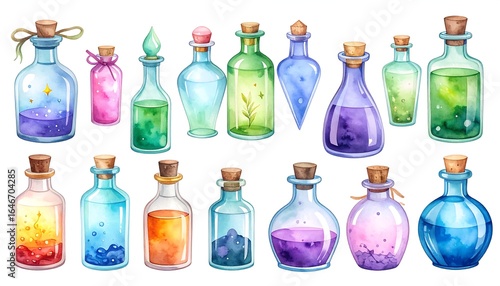 Watercolor painting of various colorful potion bottles with corks