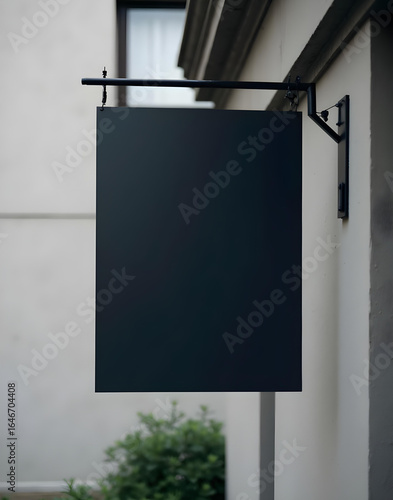 Blank black hanging rectangular signboard mockup on building wall for branding design
