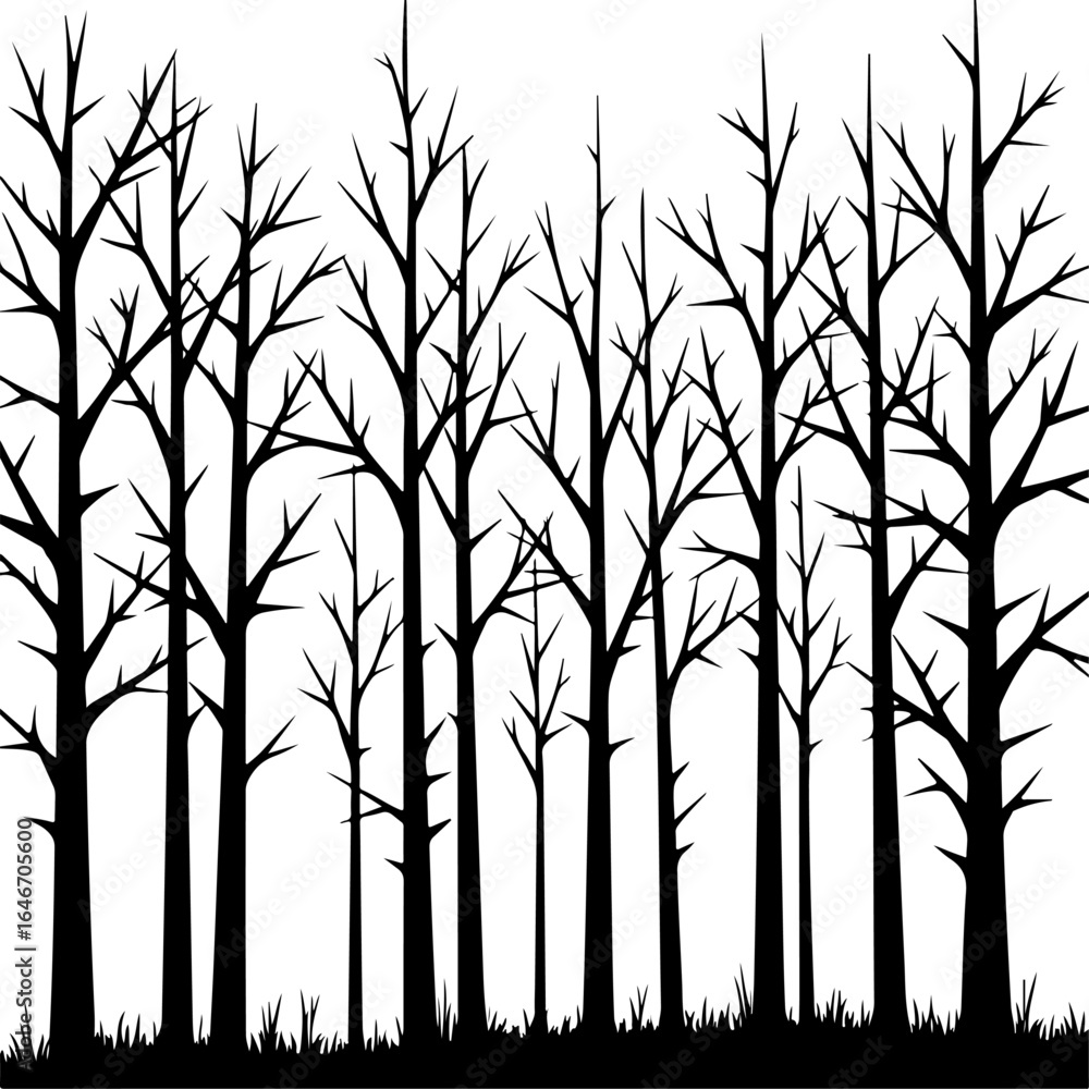 Obraz premium tree, nature, branch, silhouette, vector, illustration, season, leaf, plant, forest, spring, autumn, design, winter, black, bare, leaves, art, wood, summer, branches, fall, trunk, drawing, landscape