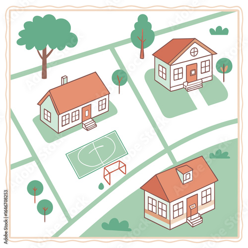 Overhead view of a neighborhood featuring houses trees and a sports field with a soccer goal and lines