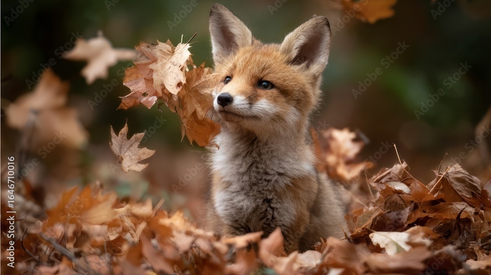 Fototapeta premium Fox pup autumn leaves