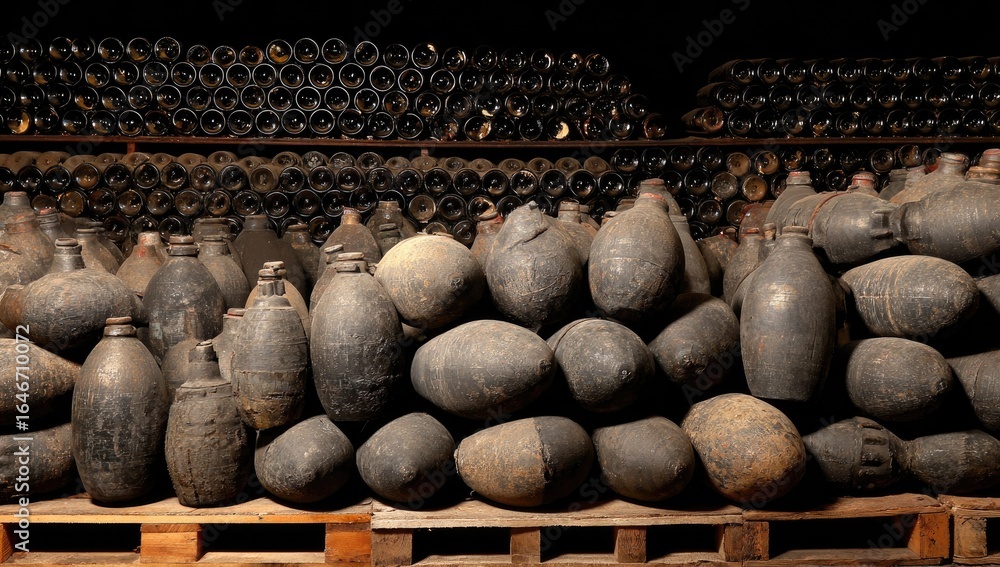 Obraz premium Dark cellar, stacked bottles and jugs