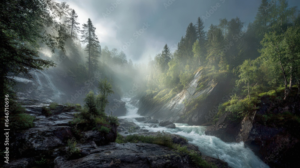 Fototapeta premium Early morning mist hovering over a European waterfall with soft light filtering through ancient trees