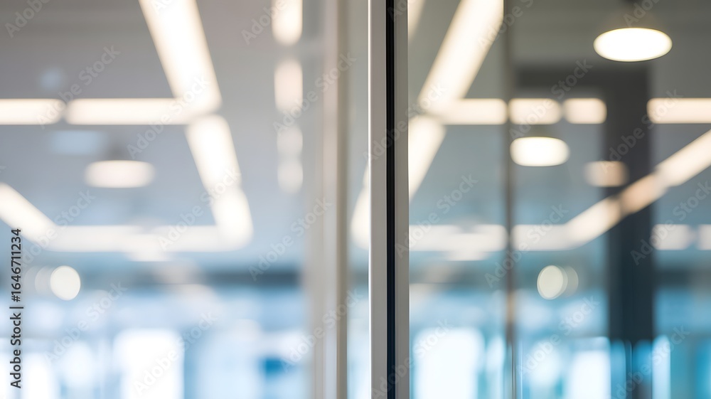 Fototapeta premium Blurred interior with modern ceiling lights and glass partitions out of focus