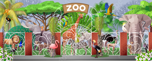 vector cartoon zoo animals and plants illustration.