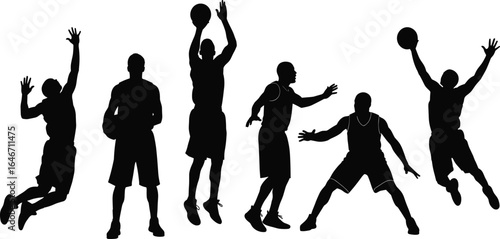 Basketball players silhouette, action poses, jumping, shooting, dribbling, sports illustration, dynamic movement, competitive energy, athletic design, team play concept