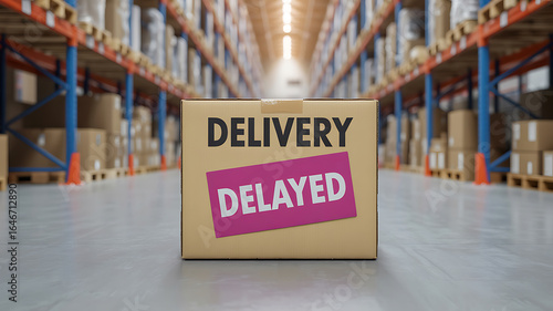 Cardboard box with delivery delayed message in warehouse