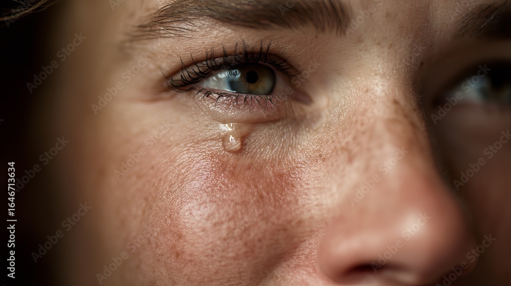 Naklejka premium A close-up of a young woman with a tear rolling down her cheek, capturing deep emotion.