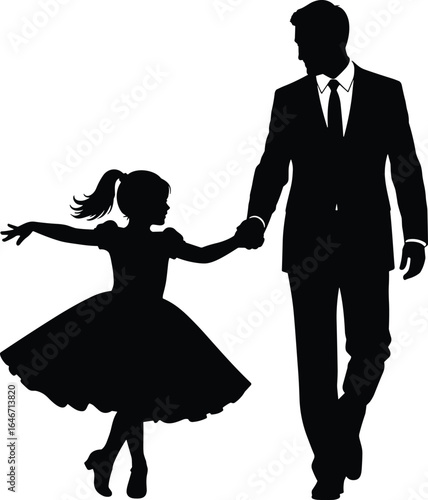 Father and daughter dancing silhouette, elegant dress, formal attire, joyful moment, family bond, black and white, timeless, emotional, graceful