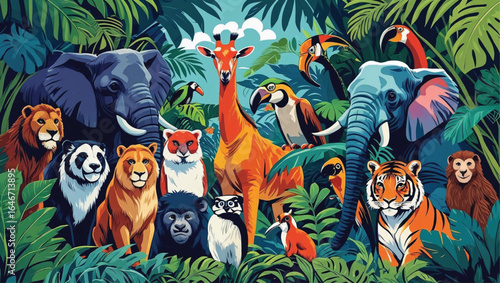 High Resolution Vector Illustration of Wild Animals on White Background, AI Generate