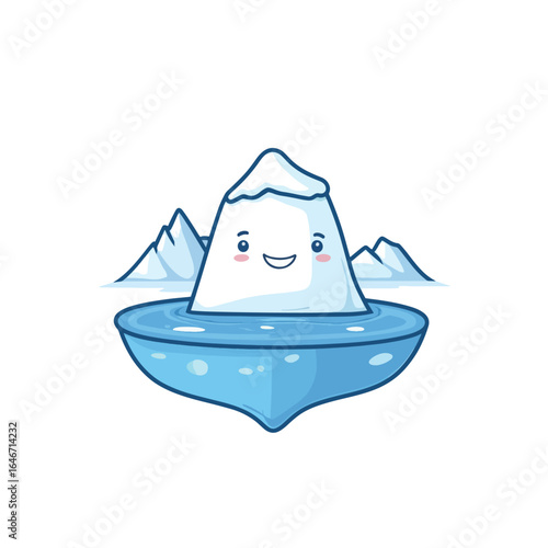 Smiling Cartoon Iceberg Floating on Water with Mountain Backdrop