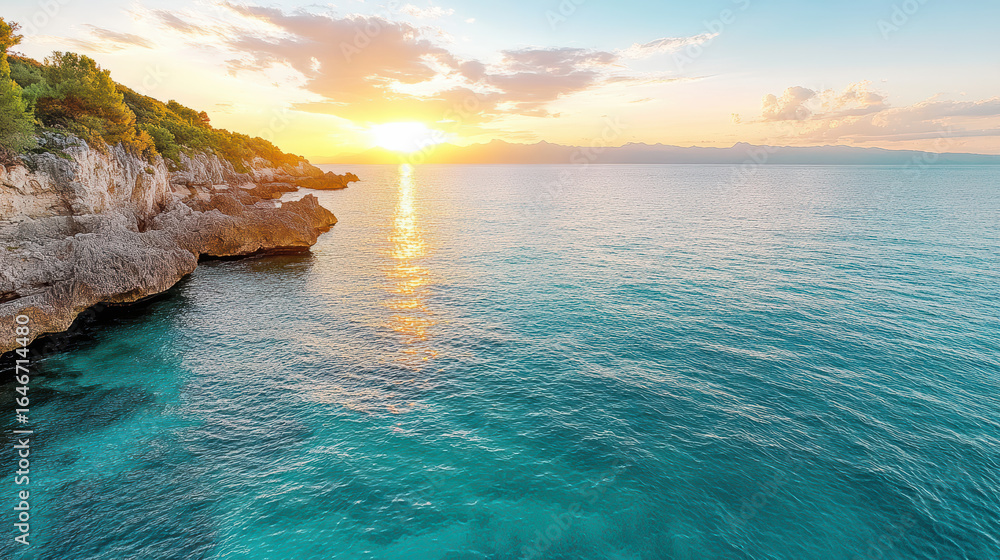 Fototapeta premium Golden light reflects on calm waters, highlighting rocky coastline at sunset