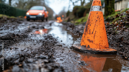 A bright orange traffic cone, covered in dark mud, stands firmly in a deep puddle on a rugged dirt road, with a blurred car approaching in the distance.