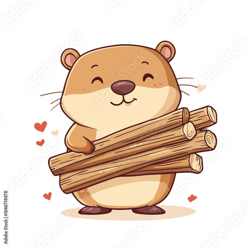 Smiling Cartoon Otter Hugging Stack of Logs Surrounded by Floating Hearts