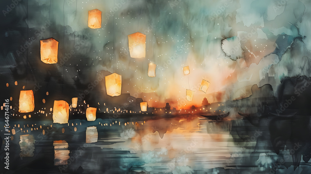 Fototapeta premium watercolor painting of floating lanterns rising