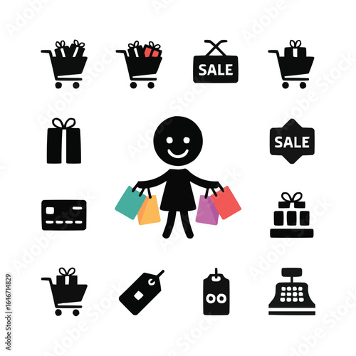 Happy shopper icon set:  shopping cart, sale signs, gifts, credit card, price tags, cash register.