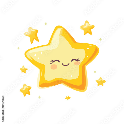Smiling cartoon star with rosy cheeks surrounded by smaller sparkling stars