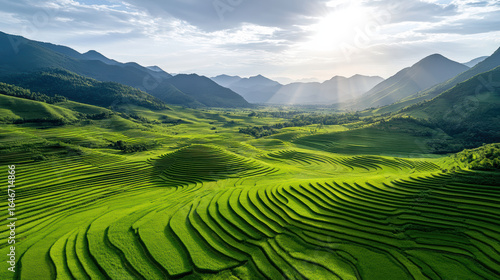 Lush green terraced hills bright sky with sunlight streaming through clouds create serene
