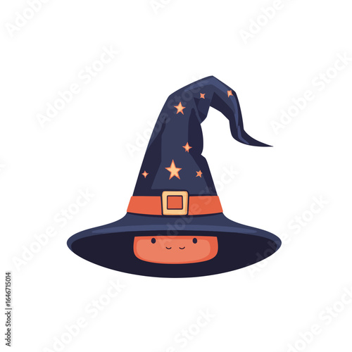 Smiling cartoon witch hat with orange band buckle and scattered stars