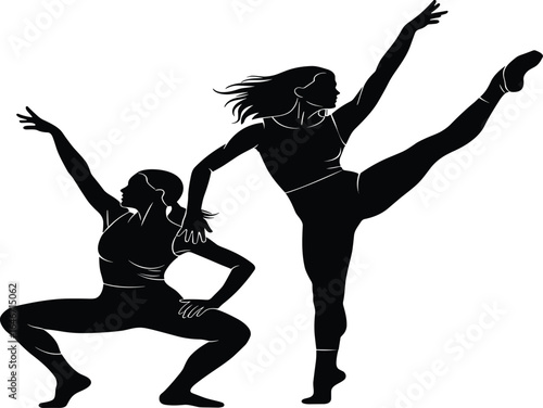 Dance silhouette illustration, expressive movement, two dancers in motion, artistic choreography, dynamic pose, graceful performance, black and white design, stock art