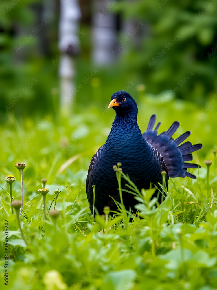 Obraz premium A cautious female Black grouse in the middle of lush green environment near Kuusamo, Northern Finland