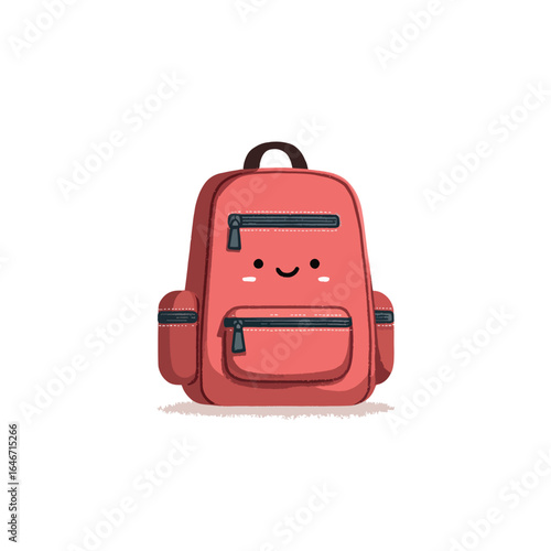 Smiling coral backpack with dark zippers and a sturdy brown handle