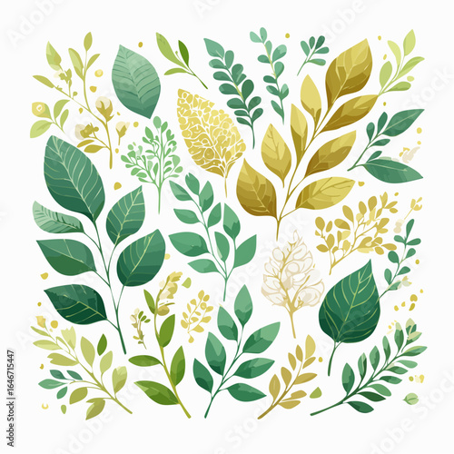 A collection of delicate vector botanical illustrations, featuring leaves, branches, and flowers, in an elegant green and gold color palette.