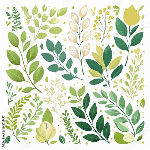 A collection of delicate vector botanical illustrations, featuring leaves, branches, and flowers, in an elegant green and gold color palette.