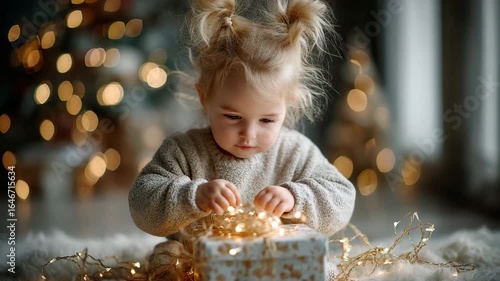 A little child, eyes sparkling with wonder, tenderly explores a wrapped gift, framed by the warm glow of festive lights.