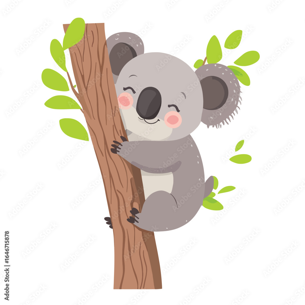 Fototapeta premium Smiling Koala Bear Clinging to a Tree Branch with Green Leaves