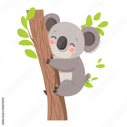 Smiling Koala Bear Clinging to a Tree Branch with Green Leaves