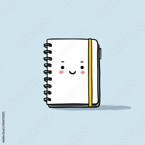 Smiling Notebook with Spiral Binding and Yellow Elastic Band Cute Illustration