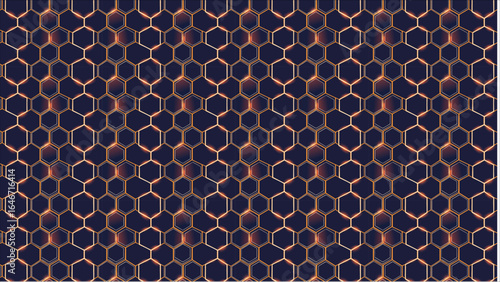 An artistic and abstract visualization of a hexagonal grid with glowing blue and purple energy lines, creating a sophisticated and technological background design.