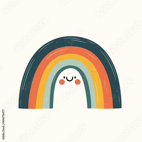 Smiling Rainbow Character with Retro Color Palette and Cheeky Expression